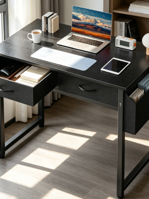 32-Inch Black Kids Desk with Drawer, Side Storage Bag and Headphone Hook