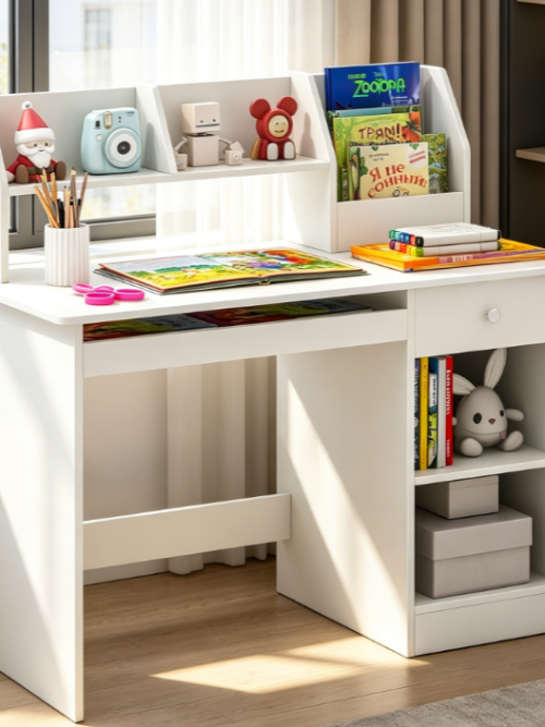White Wooden Children’s Study Desk with Hutch, Shelves, Drawer and Keyboard Tray
