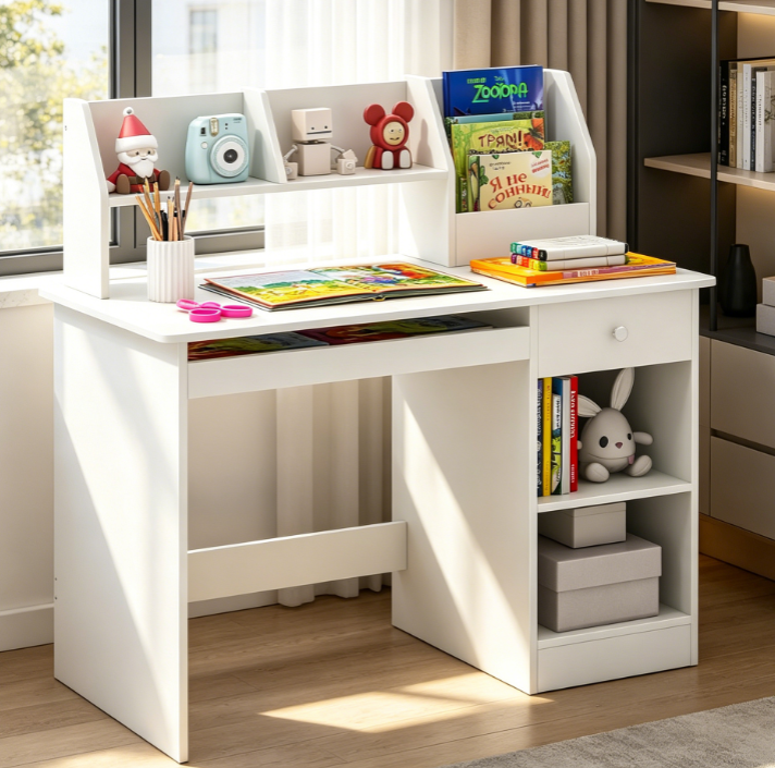 White Wooden Children’s Study Desk with Hutch, Shelves, Drawer and Keyboard Tray