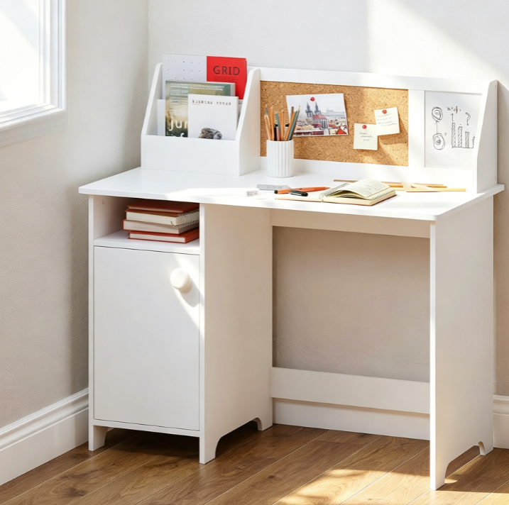 White Wooden Children’s Desk with Hutch and Storage Cupboard, Ages 3-8