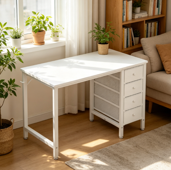 40-Inch White Reversible Girls’ Desk with Fabric Drawers, Study and Dressing Table
