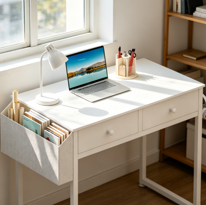 32-Inch White Kids Vanity Desk with Fabric Drawer and Storage Bag