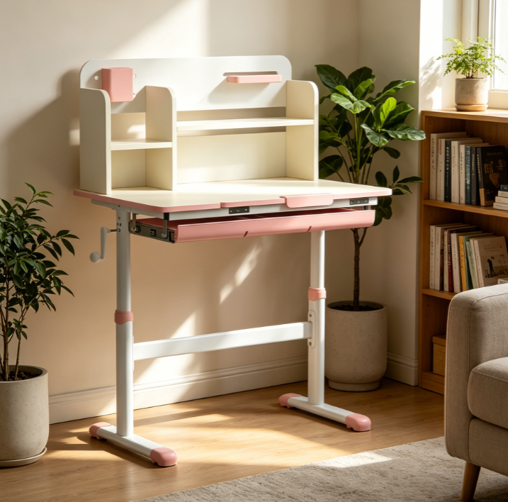 Pink Height Adjustable Wooden Kids Desk with Tilt Top, Drawer, Shelf and Pen Holder