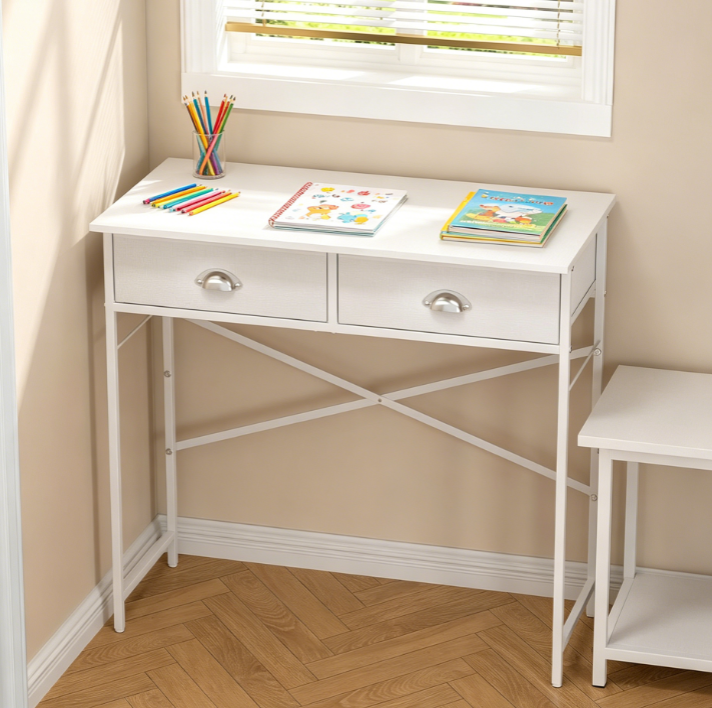 White 31.5-Inch Kids Writing Desk with Two Fabric Drawers, Compact Study Table