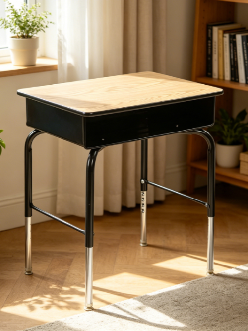 Adjustable Oak Open-Front Kids Desk with Metal Book Box