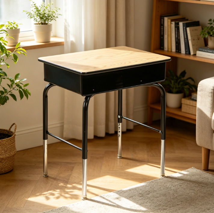 Adjustable Oak Open-Front Kids Desk with Metal Book Box